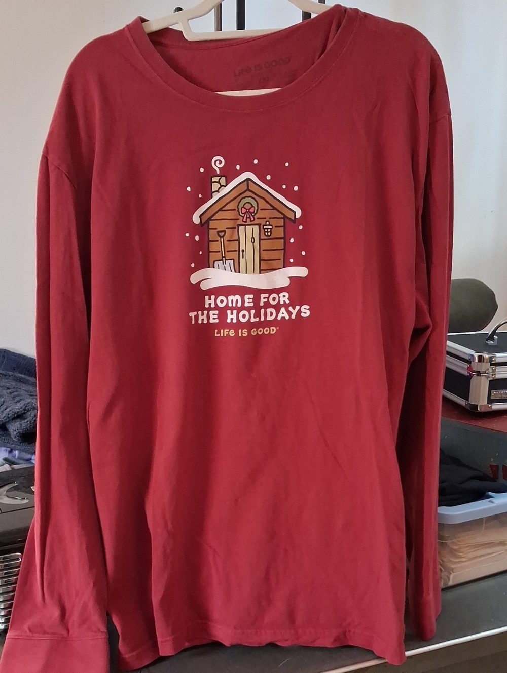 XXL mens Life Is Good Red "Home for the Holidays" Long-Sleeve Shirt